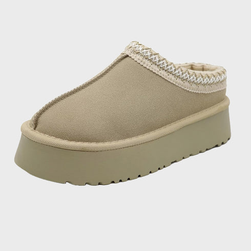 Women's Warm Plush Slip-on Platform Slippers with Stitching Design